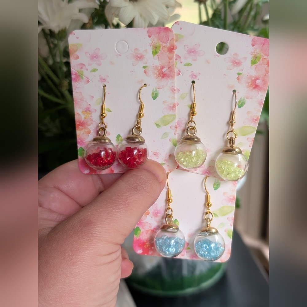 Fun Ball Shaped Gold and Blue Dangle Earrings - Picture 4 of 4